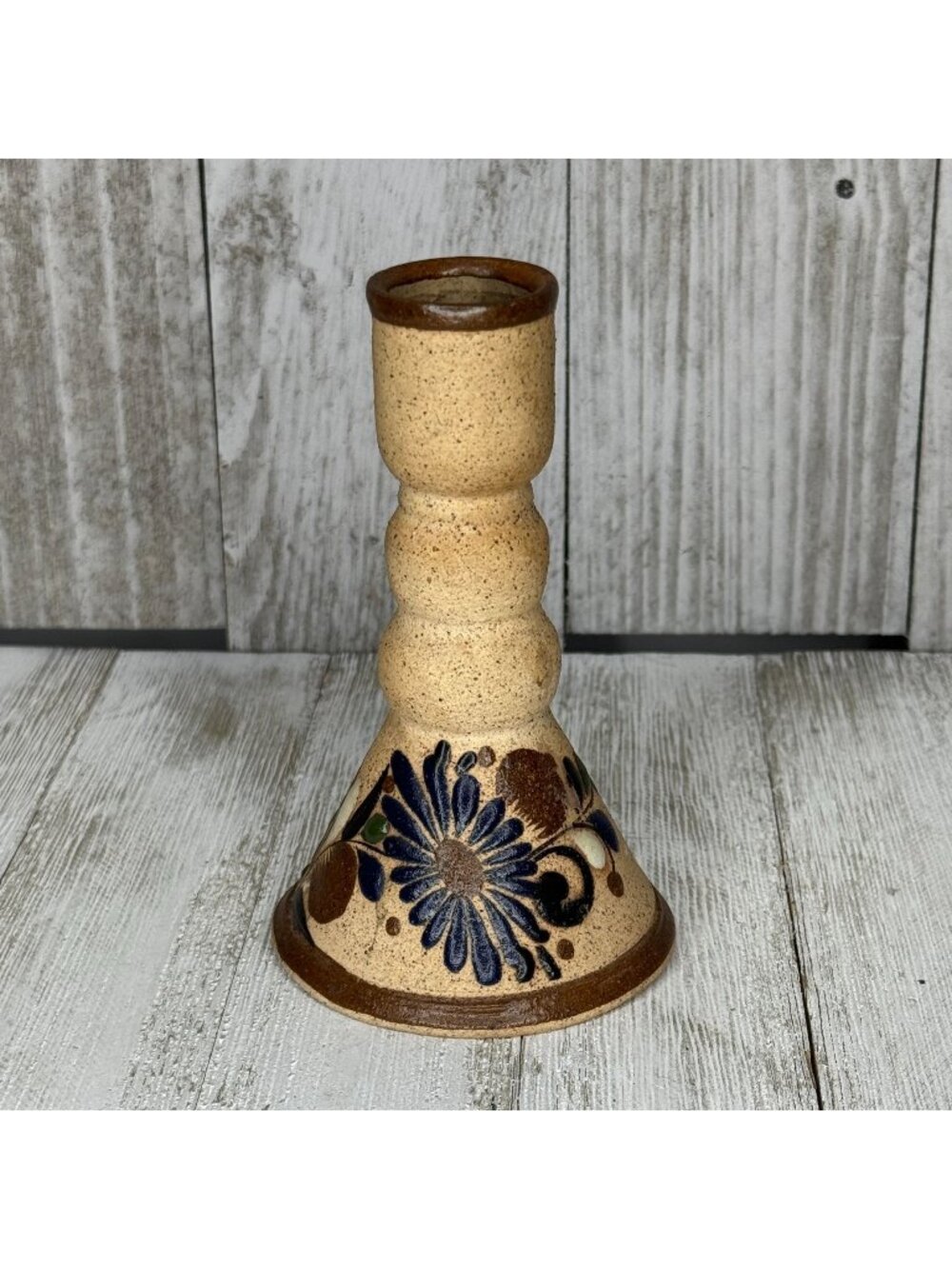 Vintage Tonala Jalisco Handpainted Mexican Folk Art Sandstone Pottery Candle Hol